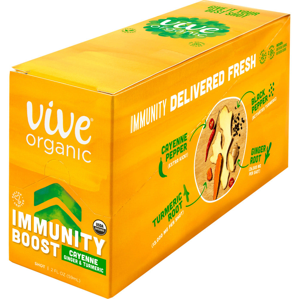 Vive Organic Immunity Boost Wellness Shots, Cayenne, Ginger and Turmeric, 2 Oz, Pack Of 12 Shots