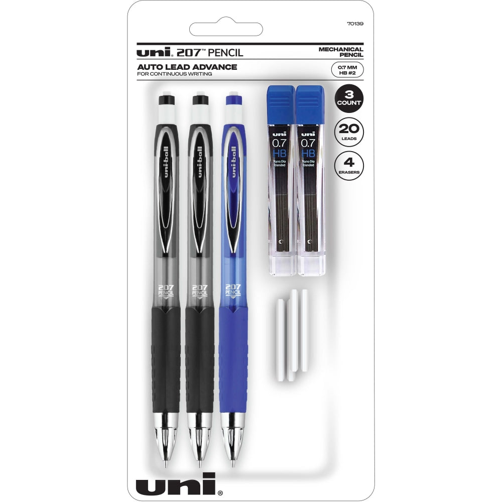 uniball 207 Mechanical Pencils, #2 HB Lead, Medium Point, 0.7 mm, Assorted Colors, Pack Of 3