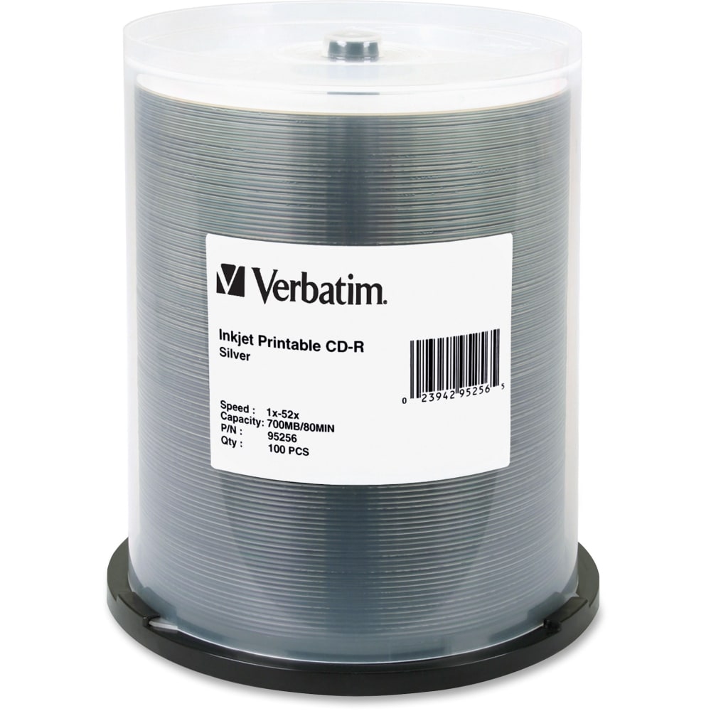 Verbatim Inkjet-Printable CD-R Disc Spindle, Silver, Pack Of 100