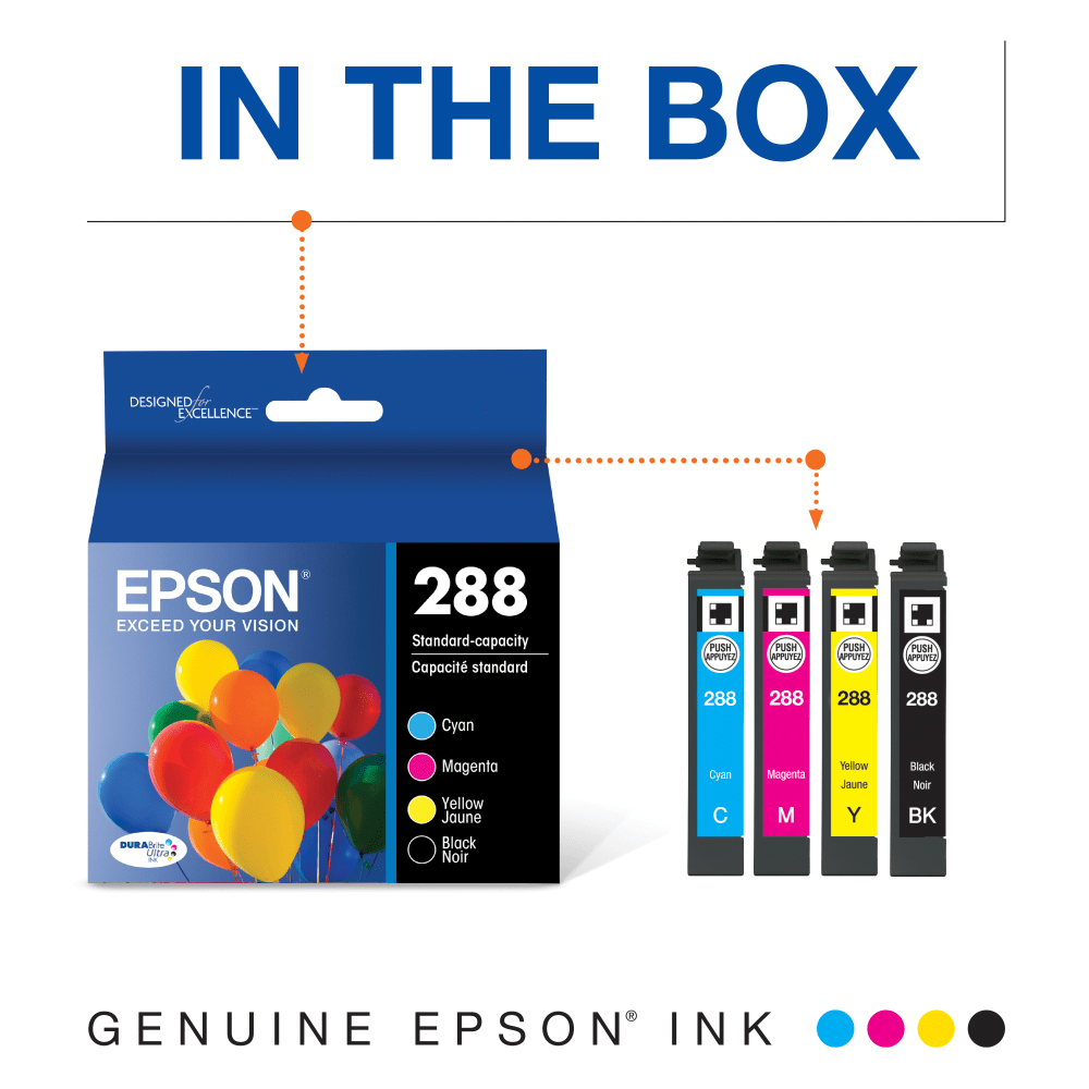 Epson DURABrite Ultra 288 Original Standard Yield Inkjet Ink Cartridge - Pigment Black, Pigment Cyan, Pigment Magenta, Pigment Yellow - 4 / Pack - 165 Pages Color, 175 Pages Black