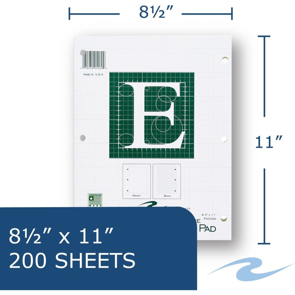 Roaring Spring 5x5 Grid Engineering Pad, 15# Green, 3 Hole Punched, 8.5in x 11in 200 Sheets, Green Paper Gride to Edge