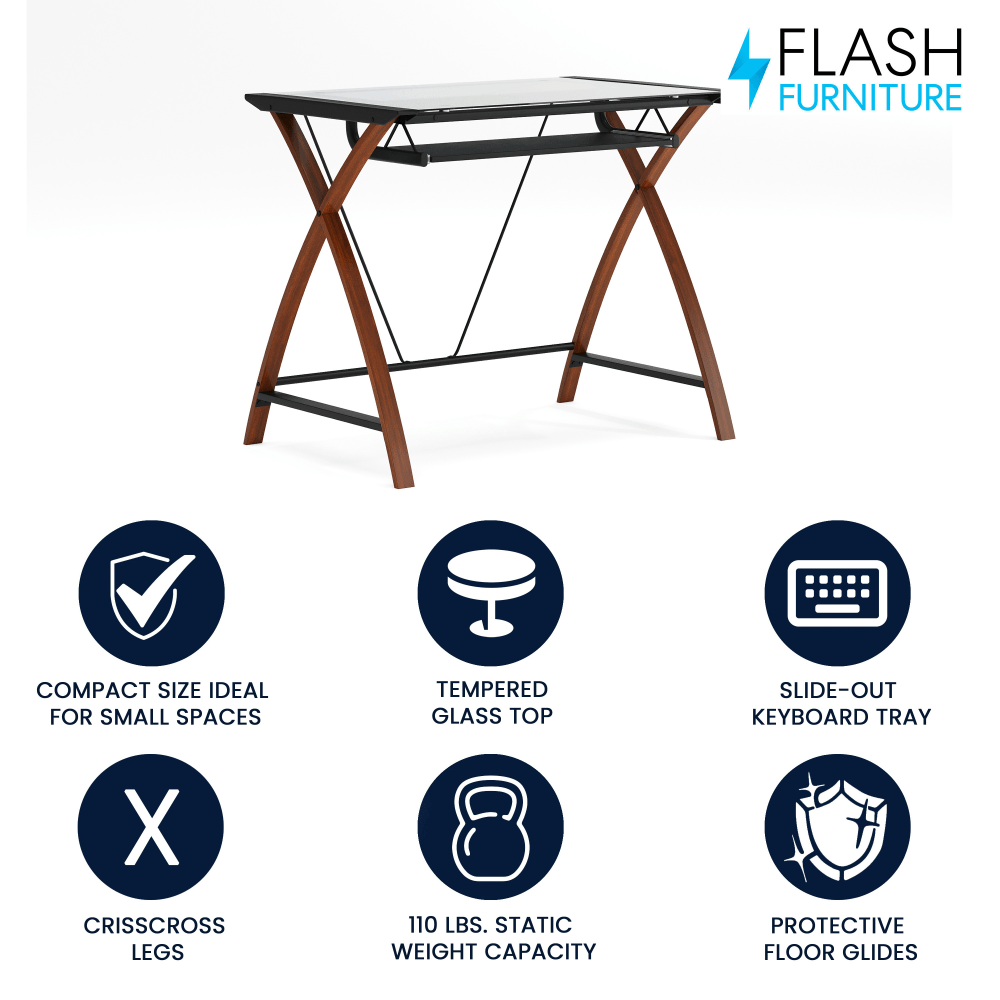 Flash Furniture Jude Glass Top Computer Desk With Pull-Out Keyboard Tray And Crisscross Frame, Cherry/Clear