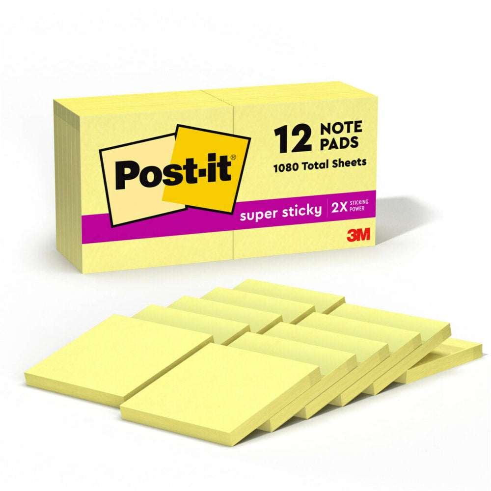 Post-it Super Sticky Notes, 3 in x 3 in, 12 Pads, 90 Sheets/Pad, 2x the Sticking Power, Canary Yellow