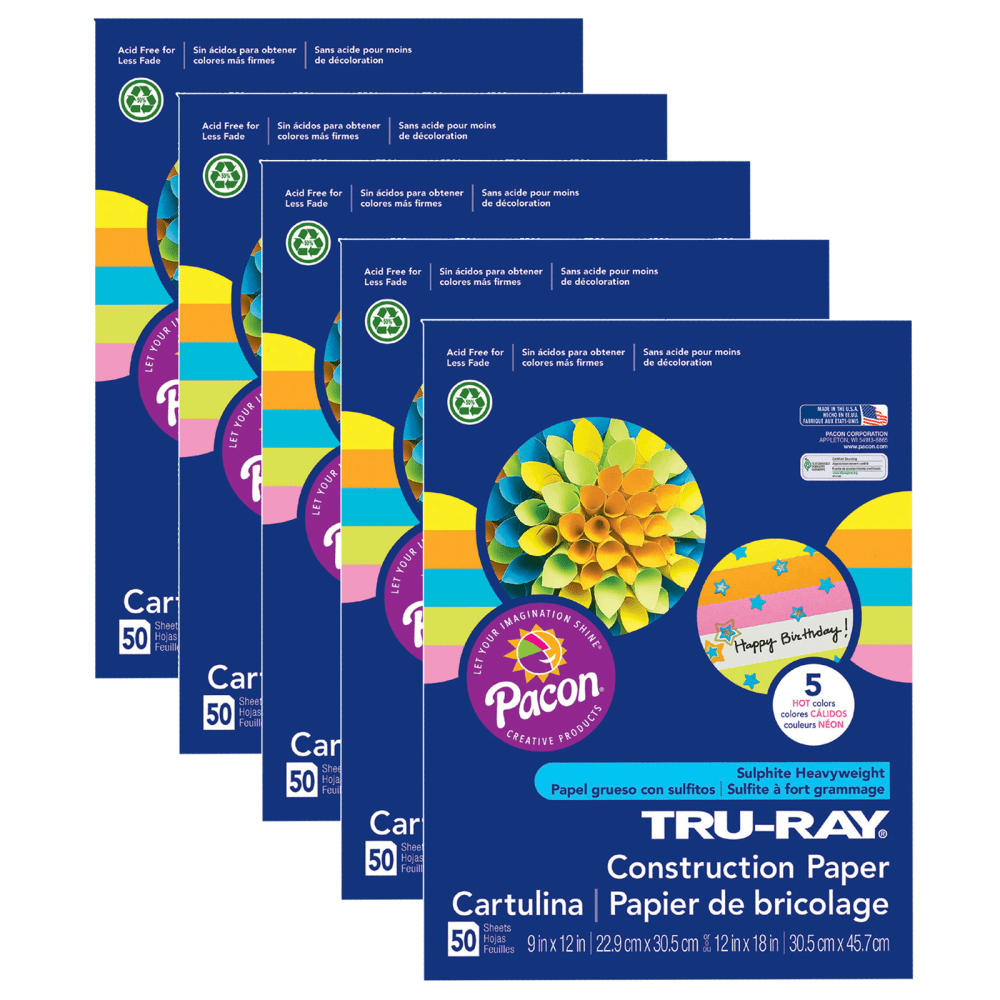 Tru-Ray Construction Paper, 9in x 12in, Assorted Hot Colors, 50 Sheets Per Pack, Set Of 5 Packs