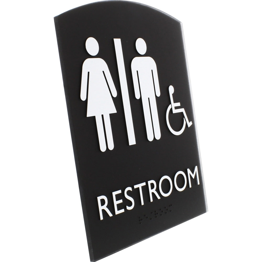 Lorell Arched Unisex Handicap Restroom Sign - 1 Each - 6.8in Width x 8.5in Height - Rectangular Shape - Surface-mountable - Easy Readability, Braille - Plastic - Black