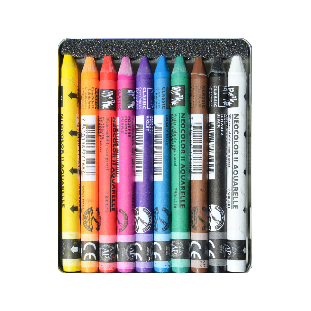 Caran d-Ache Neocolor II Aquarelle Water-Soluble Wax Pastels, Set Of 10 Pastels