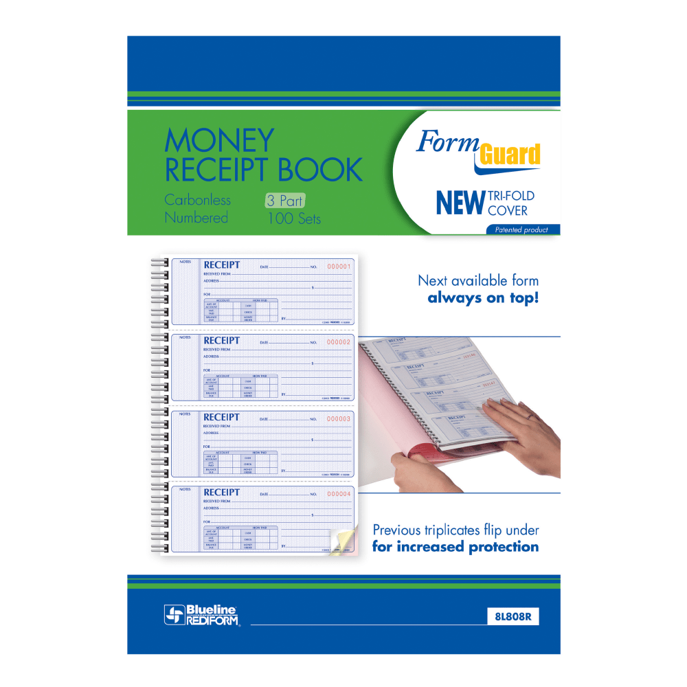 Rediform Prestige Money Receipt Book, 3 Part Carbonless, 7 5/8in x 8 1/2in, Set Of 100