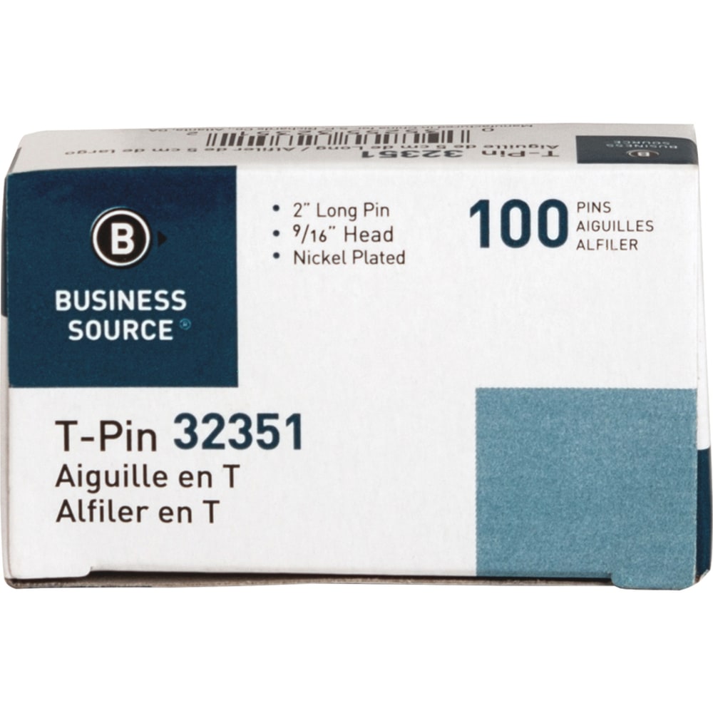 Business Source High Quality Steel T-pins - 0.56in Head - 2in Length x 0.6in Width - 100 / Box - Silver - Steel