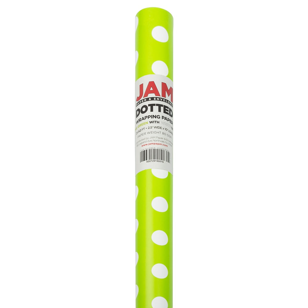 JAM Paper Wrapping Paper, Polka Dot, 25 Sq Ft, Lime Green & White