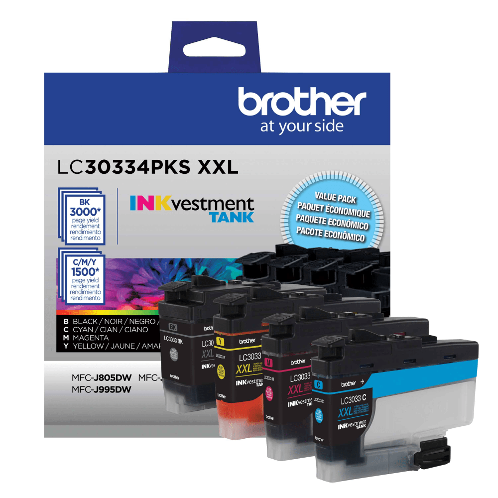 Brother LC3033 Genuine Black; Cyan; Magenta; Yellow High-Yield Multi-Pack Ink, Pack Of 4 Cartridges, LC30334PKS