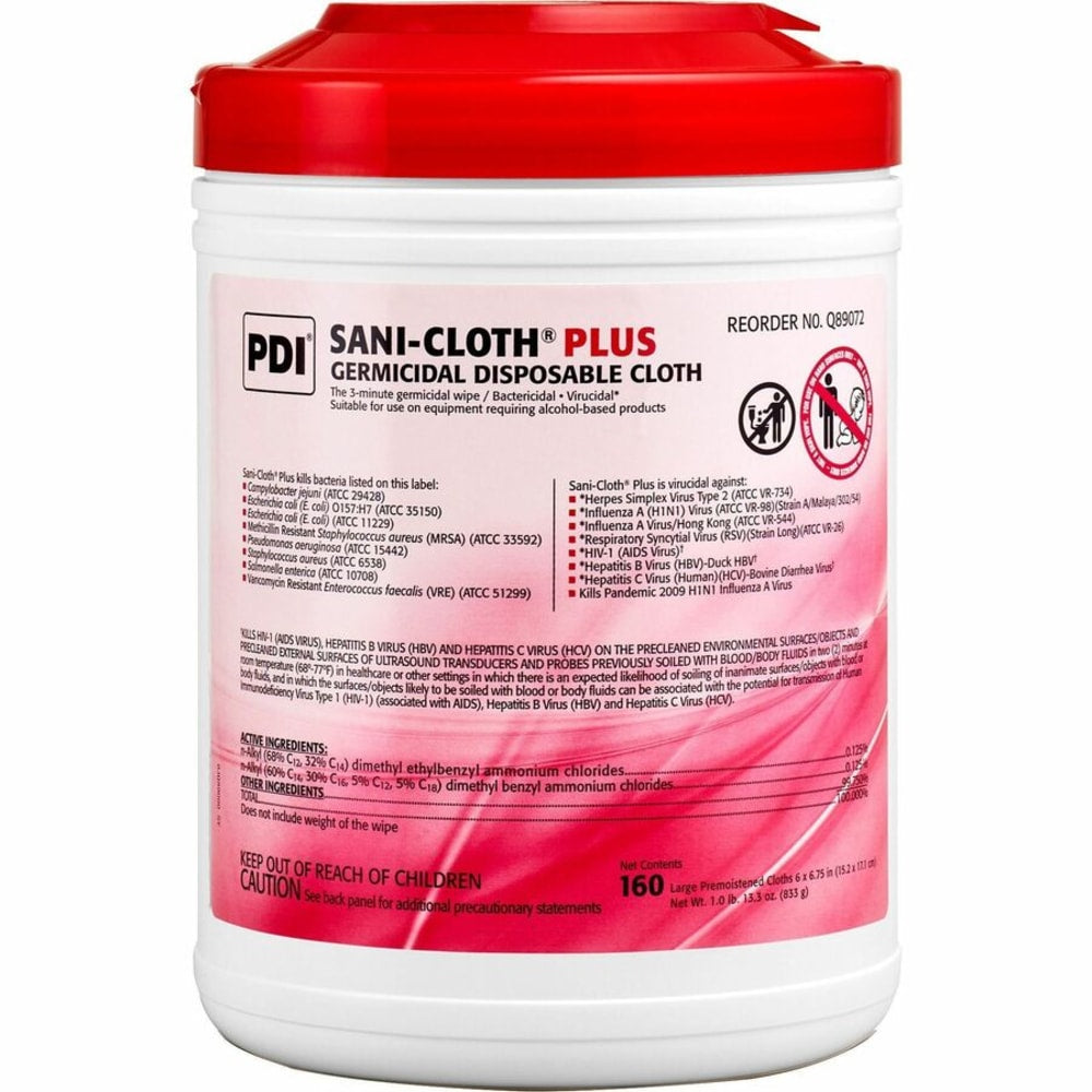 PDI Sani-Cloth Plus Germicidal Disposable Cloth - 6.75in Length x 6in Width - 160 / Canister - 12 / Carton - White