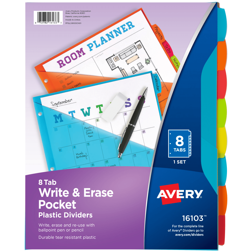 Avery Write & Erase Durable Plastic Dividers With Pockets, 8-1/2in x 11in, Multicolor Brights, Pack Of 8 Dividers