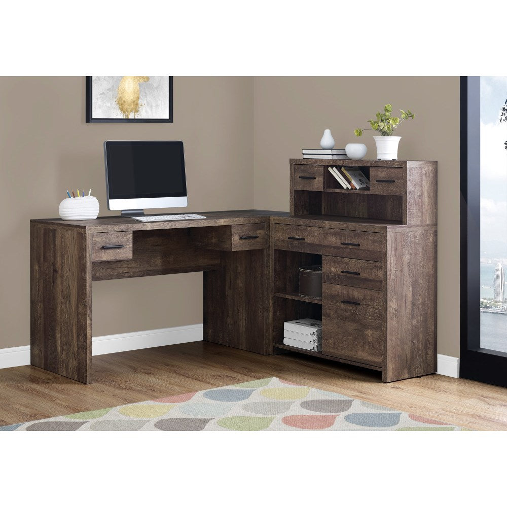 Monarch Specialties 63inW L-Shaped Corner Desk With Hutch, Brown Woodgrain