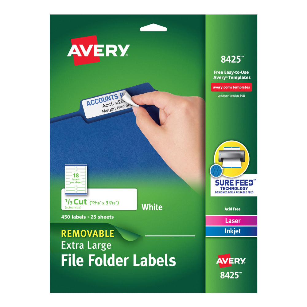 Avery Removable Extra-Large File Folder Labels, Sure Feed Technology, Removable Adhesive, White, 15/16in x 3-7/16in, 450 Labels (8425)