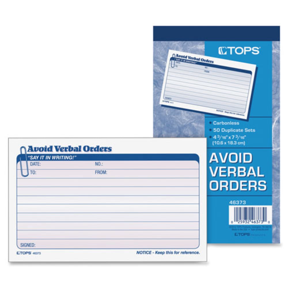 TOPS Avoid Verbal Orders Book - 50 Sheet(s) - 2 PartCarbonless Copy - 4.25in x 7in Form Size - White - 1 Each