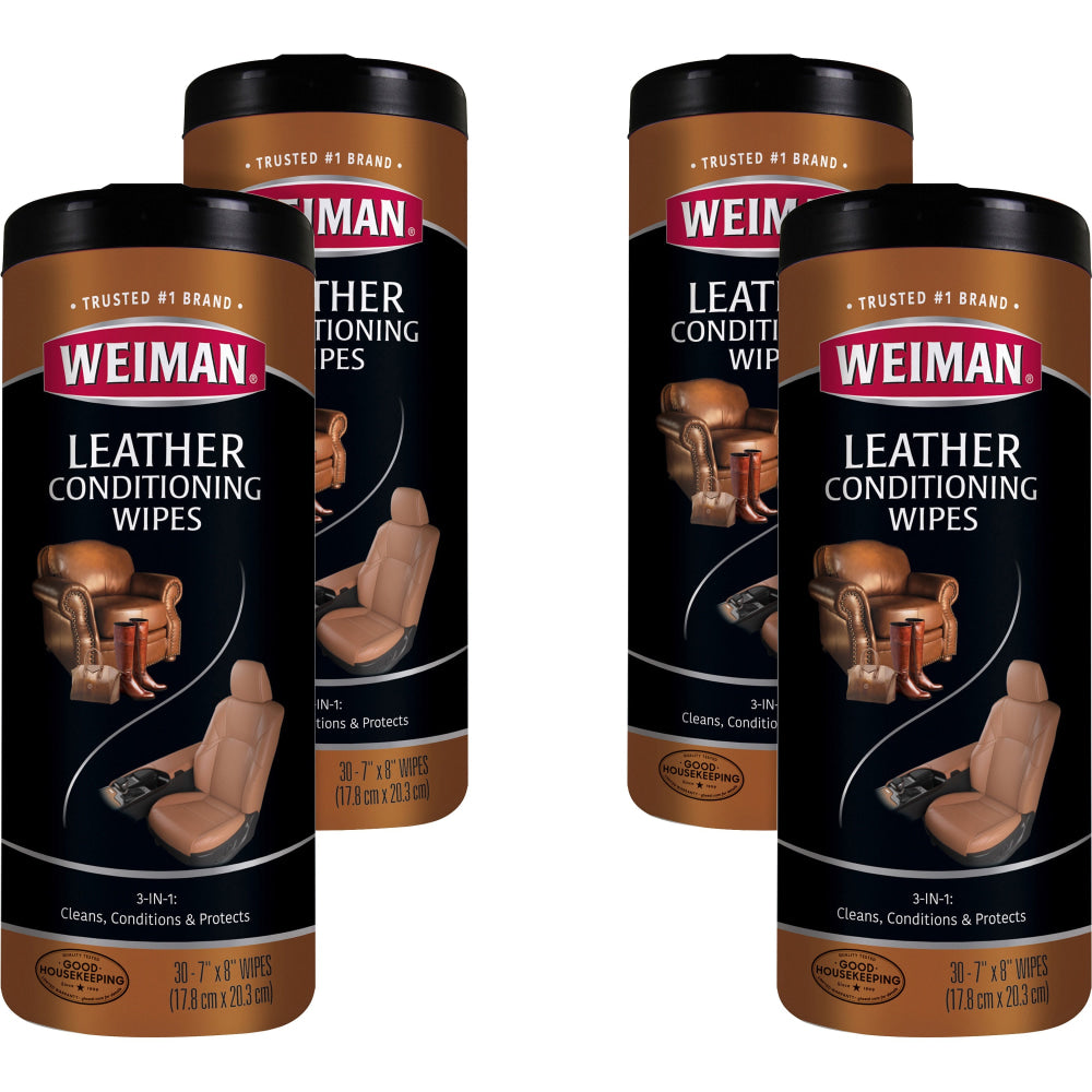 Weiman Products Leather Wipes - Wipe - 7in Width x 8in Length - 30 / Canister - 4 / Carton - White