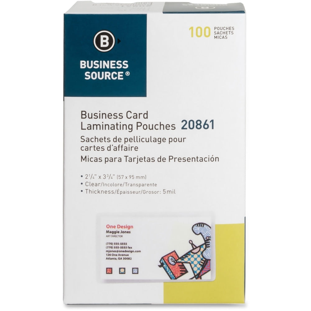 Business Source 5 mil Business Card Laminating Pouches - Laminating Pouch/Sheet Size: 2.25in Width x 3.75in Length x 5 mil Thickness - for Business Card - Pre-trimmed, Moisture Resistant, Fade Resistant - Clear - 100 / Box