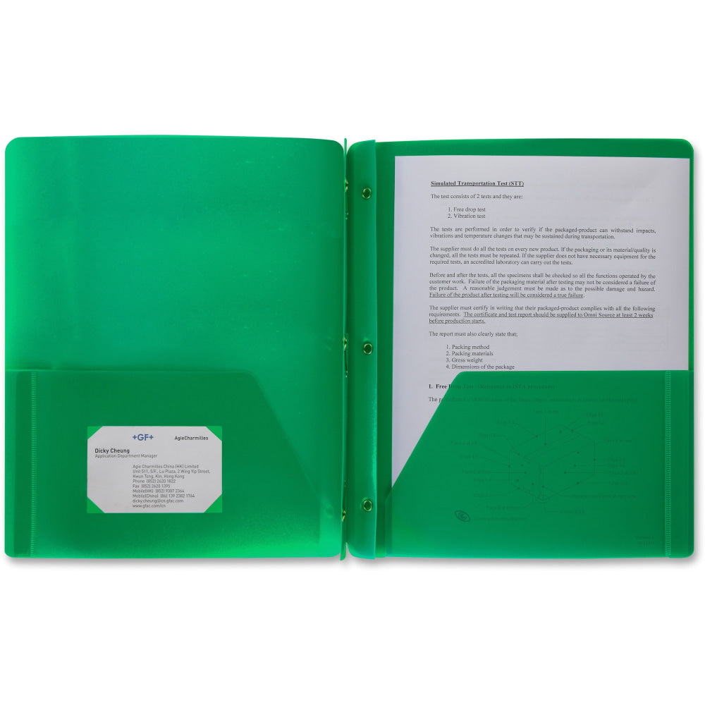 Business Source 3-Hole Punched Poly Portfolio, Letter Size, 8-1/2in x 11in, Green