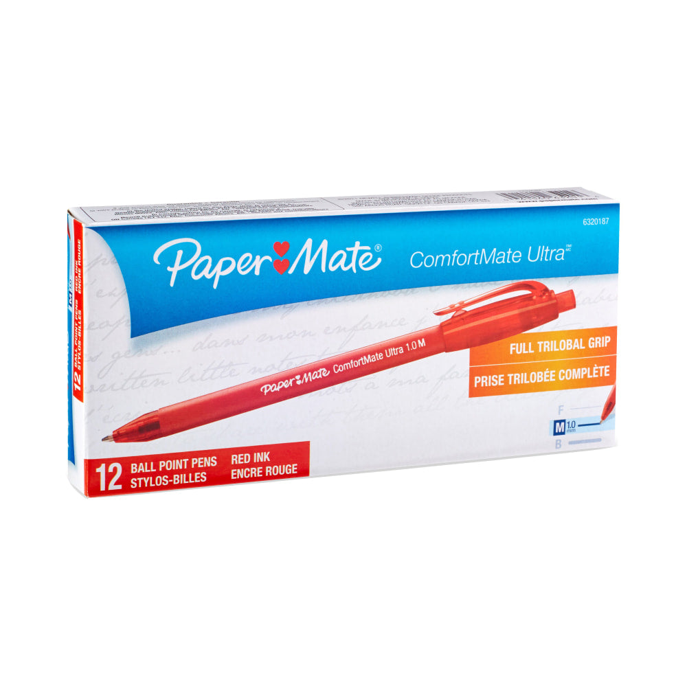 Paper Mate Comfortmate Ultra Retractable Ballpoint Pens, Medium Point, 1.0 mm, Red Barrel, Red Ink, Pack Of 12