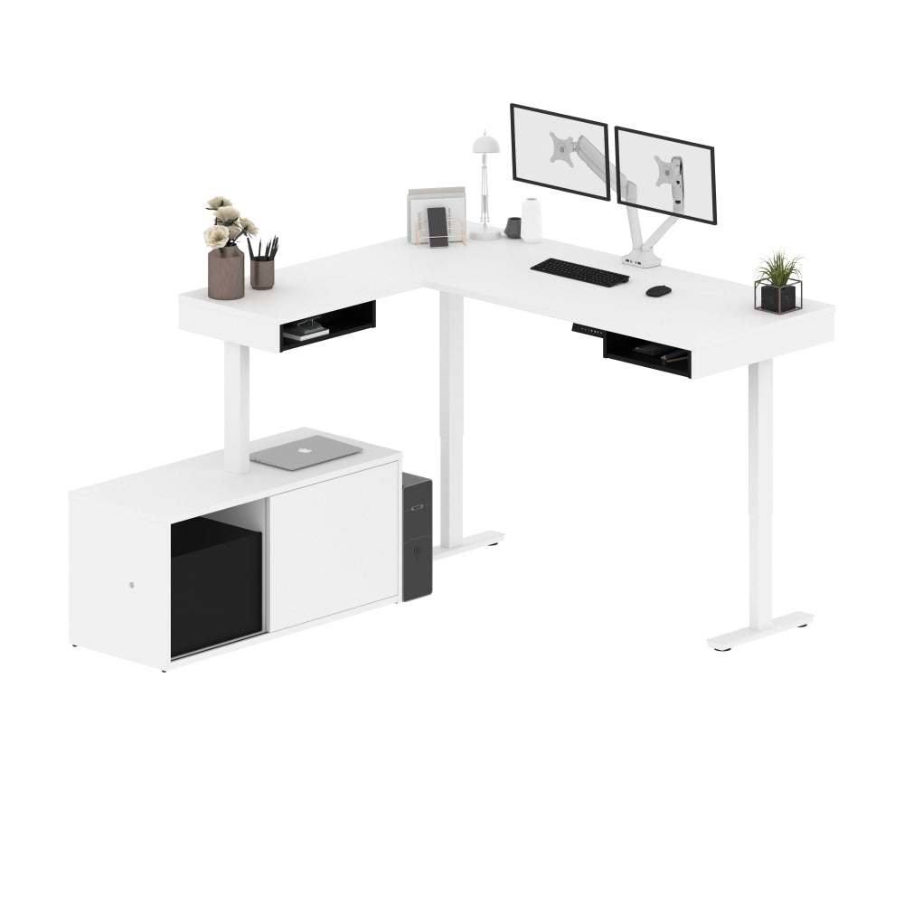 Bestar Pro-Vega 81inW L-Shaped Standing Corner Desk With Dual Monitor Arm And Credenza, White/Black