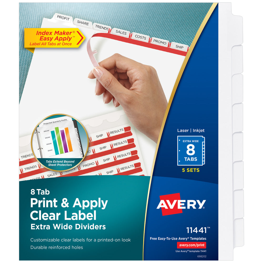 Avery Customizable Index Maker Extra-Wide Dividers For 3 Ring Binder, Easy Print & Apply Clear Label Strip, 8 Tab, Pack Of 5 Sets