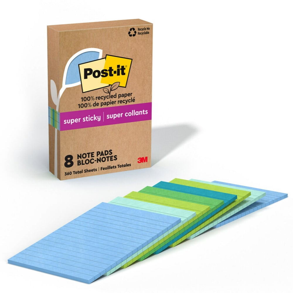 Post-it Paper Super Sticky Notes, 360 Total Notes, Pack Of 8 Pads, 4in x 6in, 100% Recycled, Oasis, 45 Sheets Per Pad