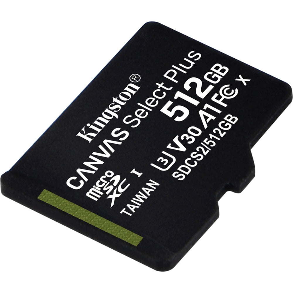 Kingston Canvas Select Plus SDCS2 512 GB Class 10/UHS-I (U3) microSDXC - 1 Pack - 100 MB/s Read - 85 MB/s Write - Lifetime Warranty