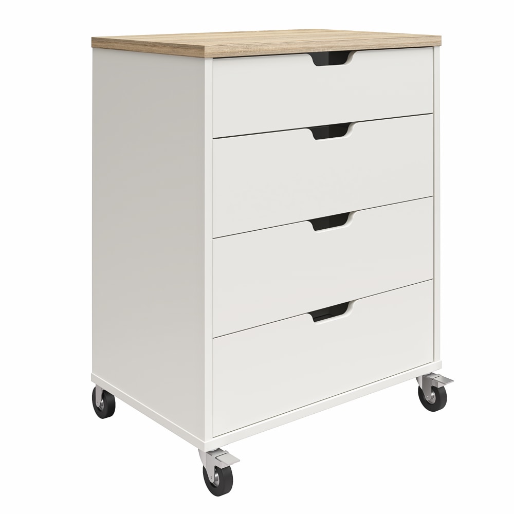 Ameriwood Home Systembuild Evolution Versa 4-Drawer Storage Cart With Locking Casters, 35-9/16in x 27-11/16in, White/Weathered Oak