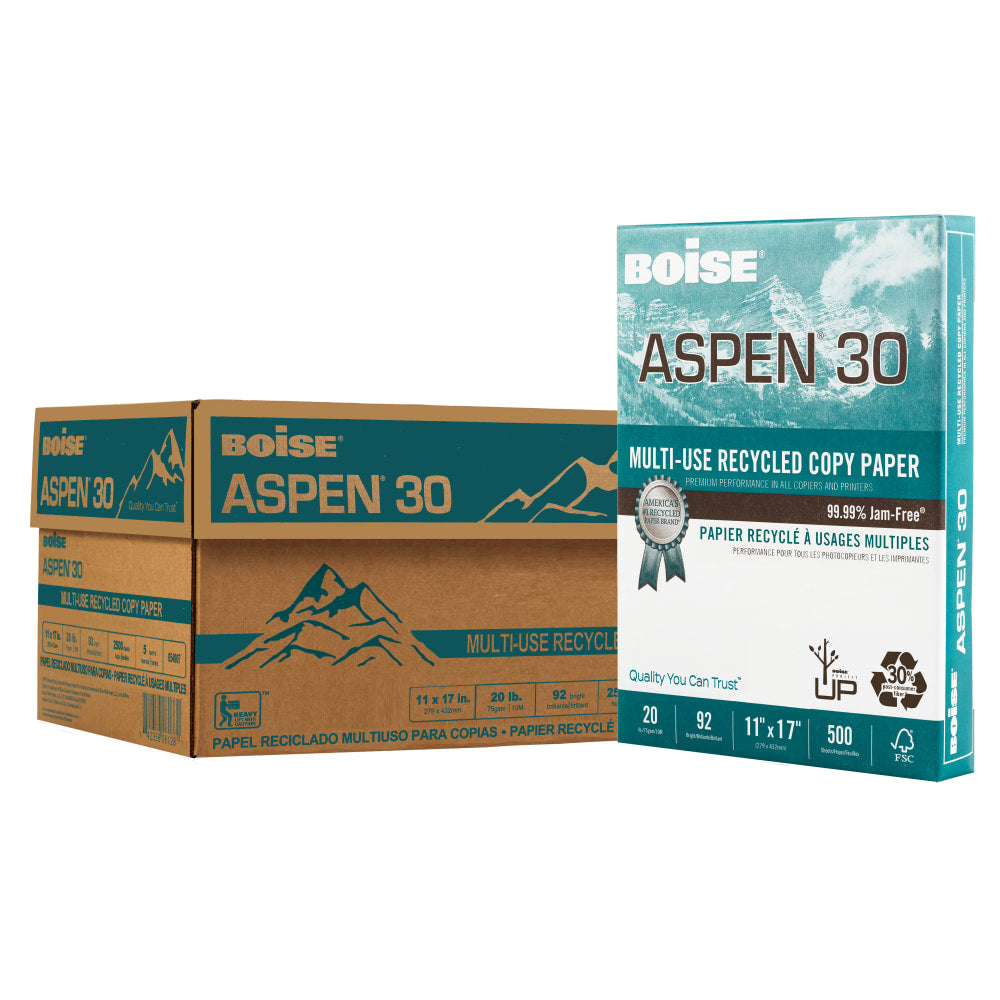 Boise ASPEN 30 Multi-Use Printer & Copy Paper, White, Ledger (11in x 17in), 2500 Sheets Per Case, 20 Lb, 92 Brightness, 30% Recycled, FSC Certified, Case Of 5 Reams