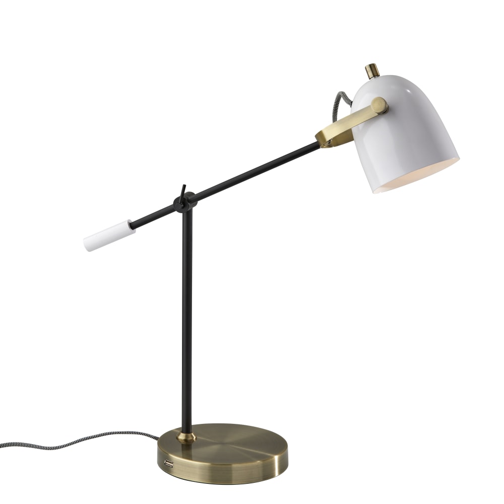 Adesso Casey Desk Lamp with USB Port, 28-1/2inH, White Shade/Antique Brass Base