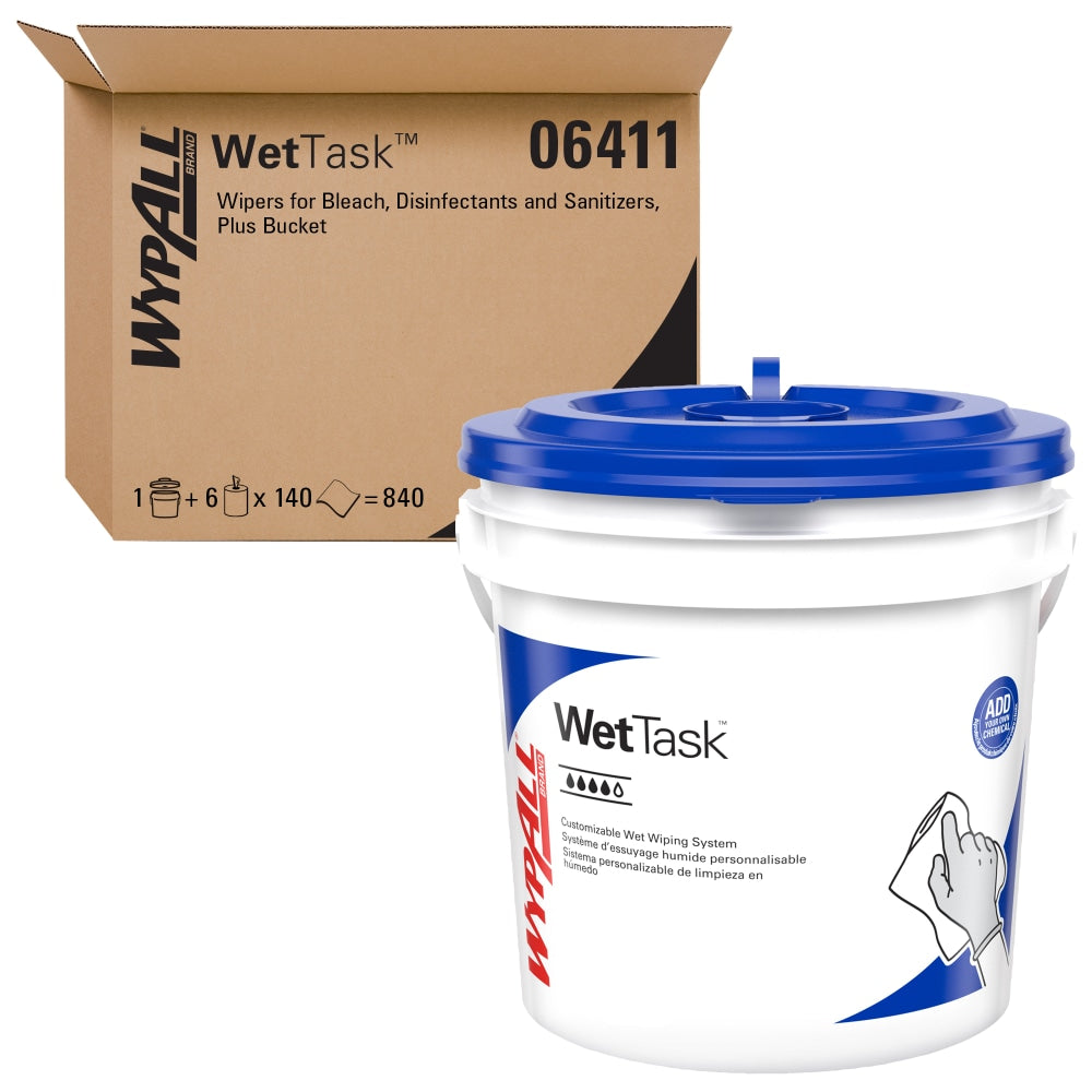 WypAll Critical Clean Wipers for Bleach, Disinfectants, and Sanitizers, WetTask Customizable Wet Wiping System, 12in x 6in, 140 Sheets Per Roll, Case Of 6 Rolls, 1 Bucket Included