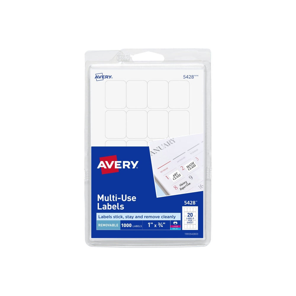 Avery Removable Inkjet/Laser Multipurpose Labels, 5428, 3/4in x 1in, White, Pack Of 1,000