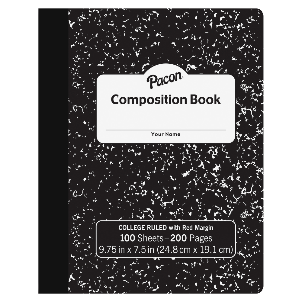 Pacon Composition Book, 9-13/16in x 7-1/2in, College Rule, 100 Sheets, Black Marble