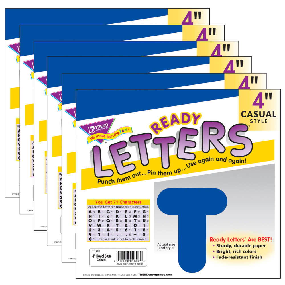 TREND Ready Letters, 4in, Casual Uppercase, Royal Blue, Set Of 6 Packs