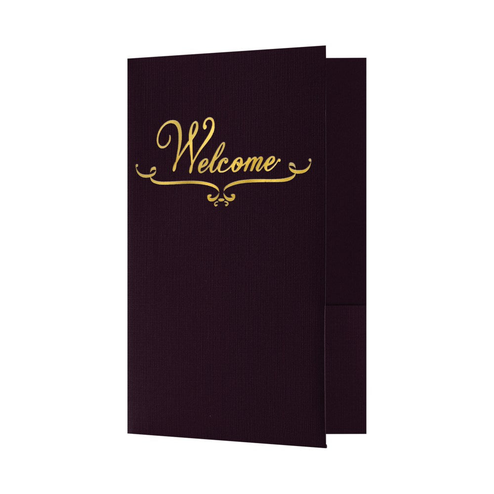 LUX Welcome Folders, 5 3/4in x 8 3/4in, Dark Purple Linen/Gold Foil, Pack Of 25 Folders