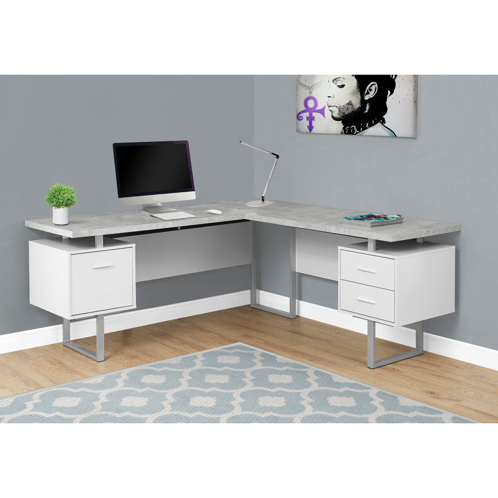 Monarch Specialties 71inW L-Shaped Corner Desk With 2 Drawers, Gray Cement/White