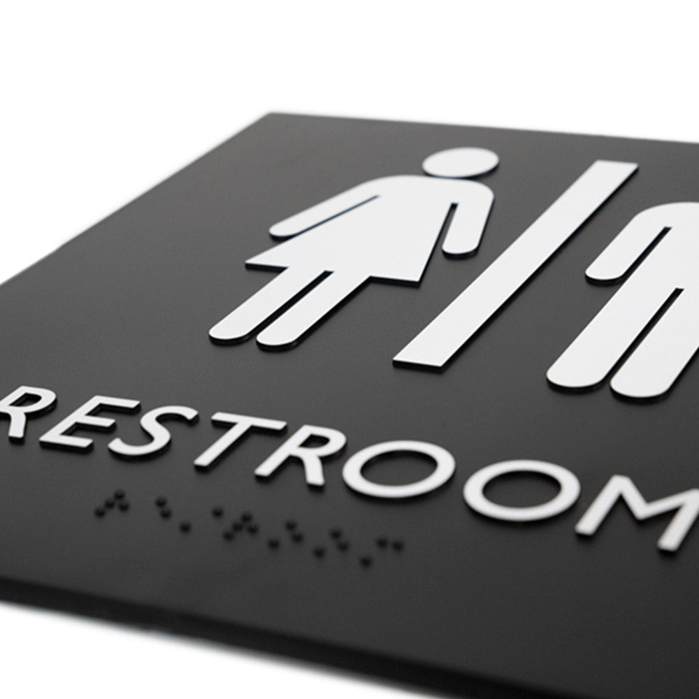 Lorell Unisex Restroom Sign - 1 Each - Restroom (Accessible) Print/Message - 8in Width x 8in Height - Square Shape - Surface-mountable - Easy Readability, Injection-molded - Restroom, Architectural - Plastic - Black, Black