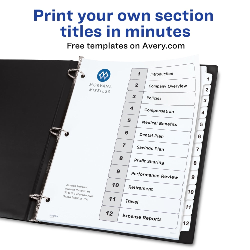 Avery Ready Index 1-12 Tab With Customizable Table Of Contents Dividers, Letter Size, White, 1 Set