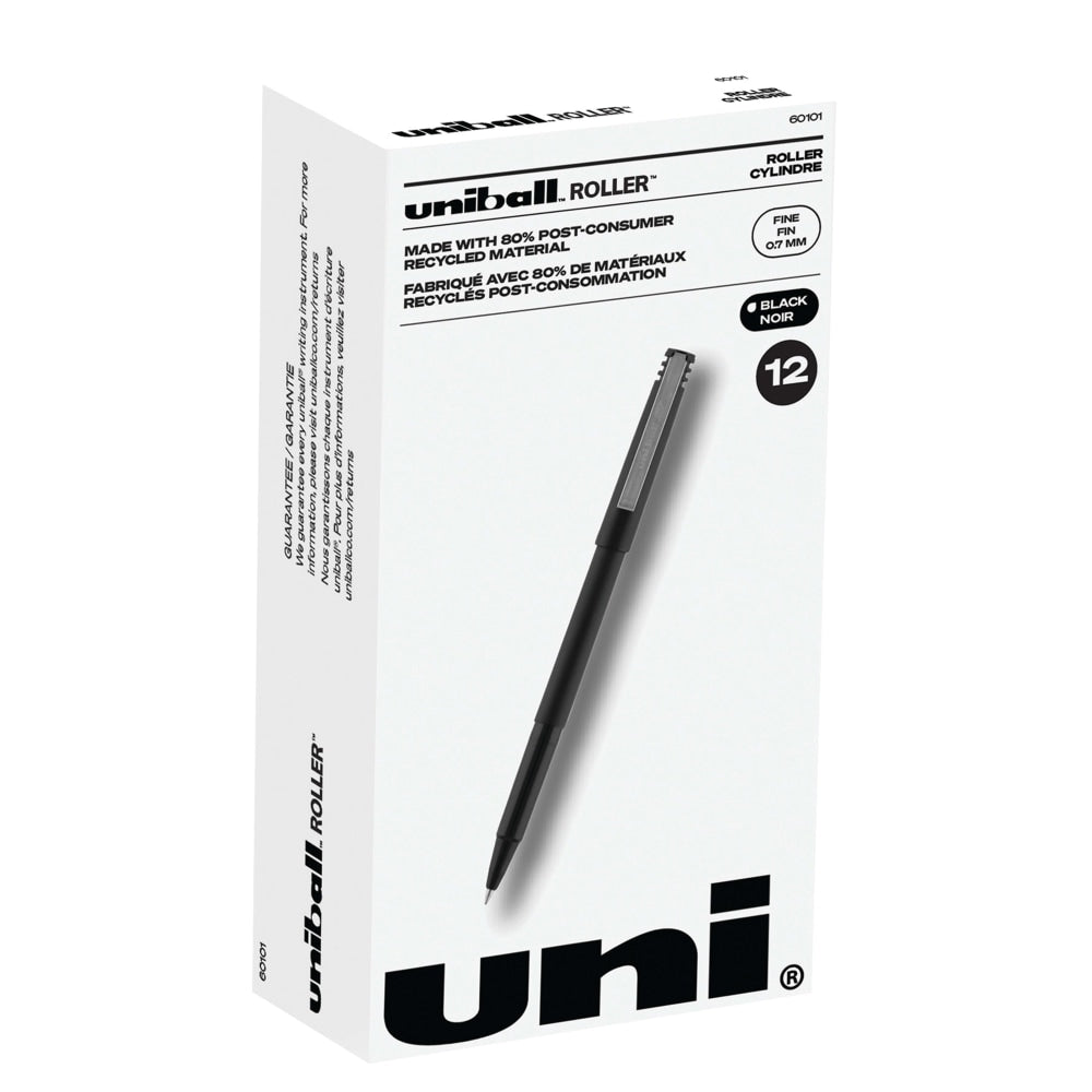 uni-ball Rollerball Pens, Fine Point, 0.7 mm, 80% Recycled, Black Barrel, Black Ink, Pack Of 12 Pens