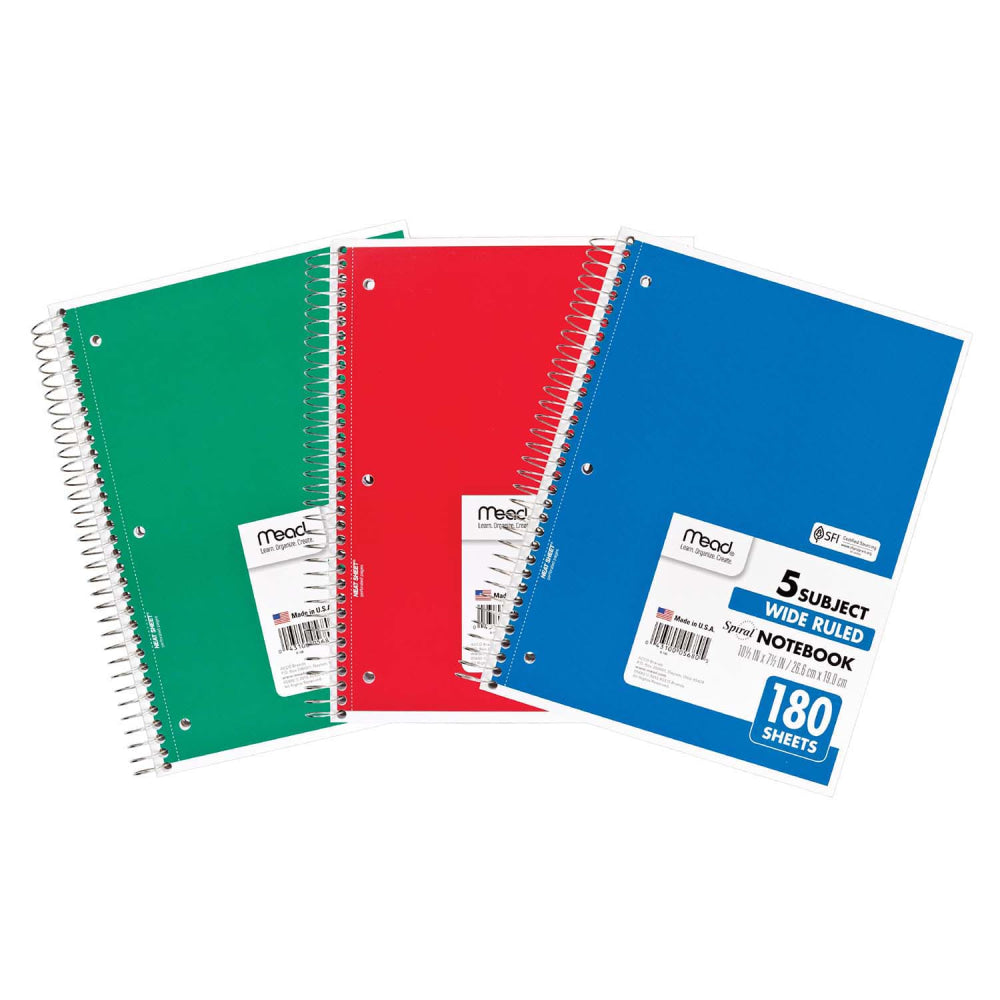 Mead Spiral Notebooks, 8in x 10-1/2in, 5 Subject, Wide Ruled, 180 Sheets, Assorted Colors, Pack Of 3 Notebooks