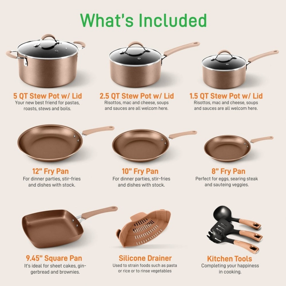 NutriChef 20-Piece Kitchenware Pots and Pans Set - 20 Pieces - Cooking, Frying, Sauce, Baking, Stew, Grilling, Soup, Pasta, Roasting - Oven Safe - 8in Frying Pan - 10in 2nd Frying Pan - 12in 3rd Frying Pan - 1.25 gal Dutch Oven Griddle - Gold