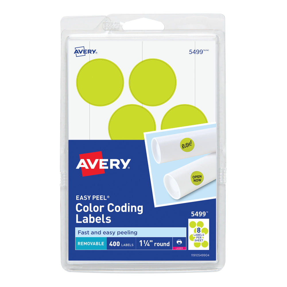 Avery Self-Adhesive Removable Labels, 5499, Round, 1-1/4in Diameter, Yellow Neon, Pack Of 400