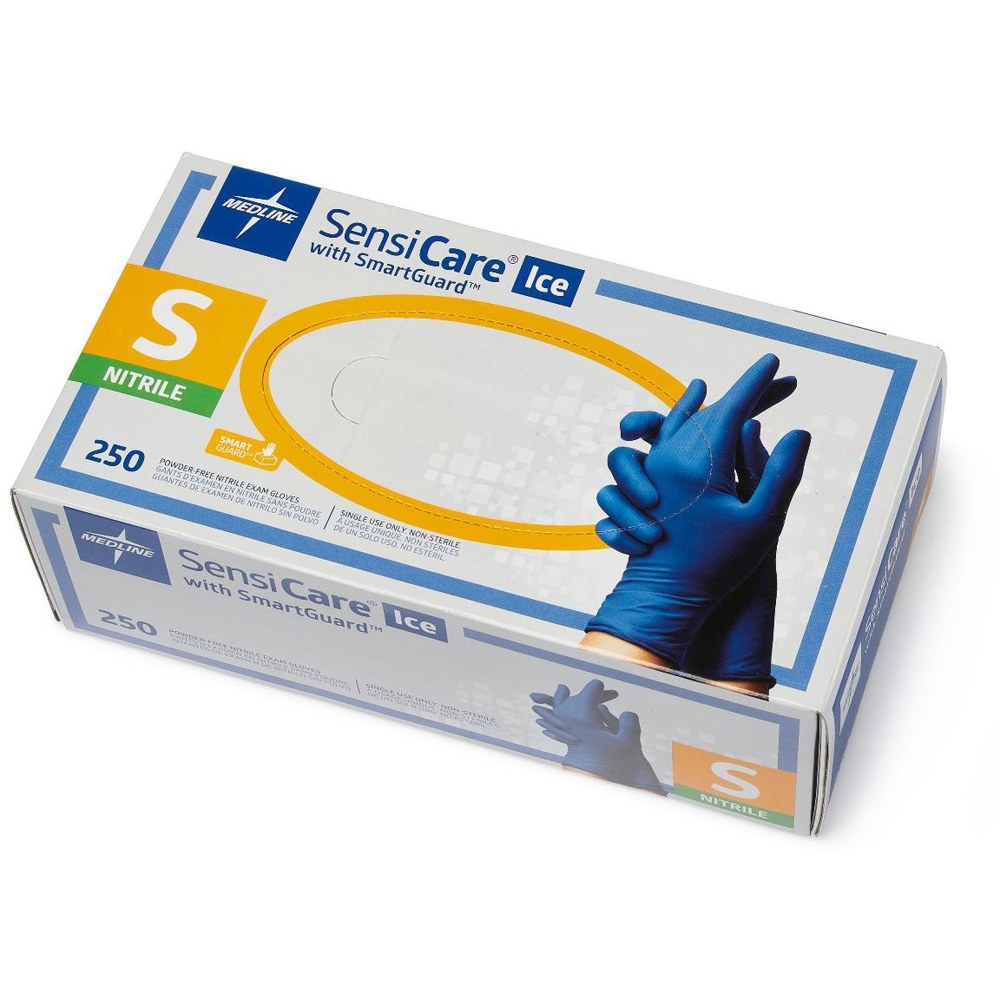 Medline SensiCare Ice Blue Nitrile Exam Gloves - Small Size - Dark Blue - Comfortable, Chemical Resistant, Latex-free, Textured Fingertip, Non-sterile, Durable - For Medical - 250 / Box - 9.50in Glove Length