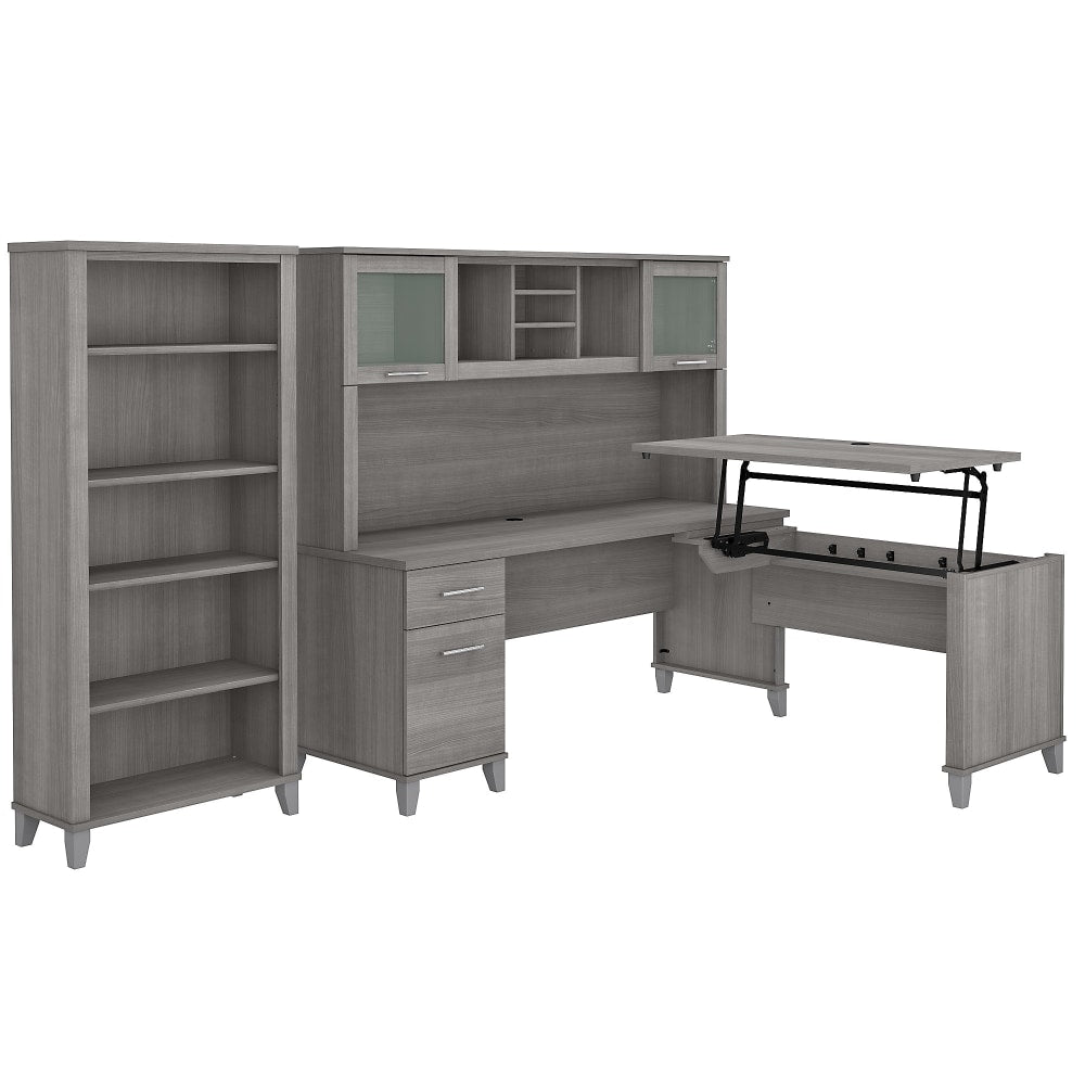 Bush Furniture Somerset 72inW 3-Position Sit-To-Stand L-Shaped Desk With Hutch And Bookcase, Platinum Gray, Standard Delivery