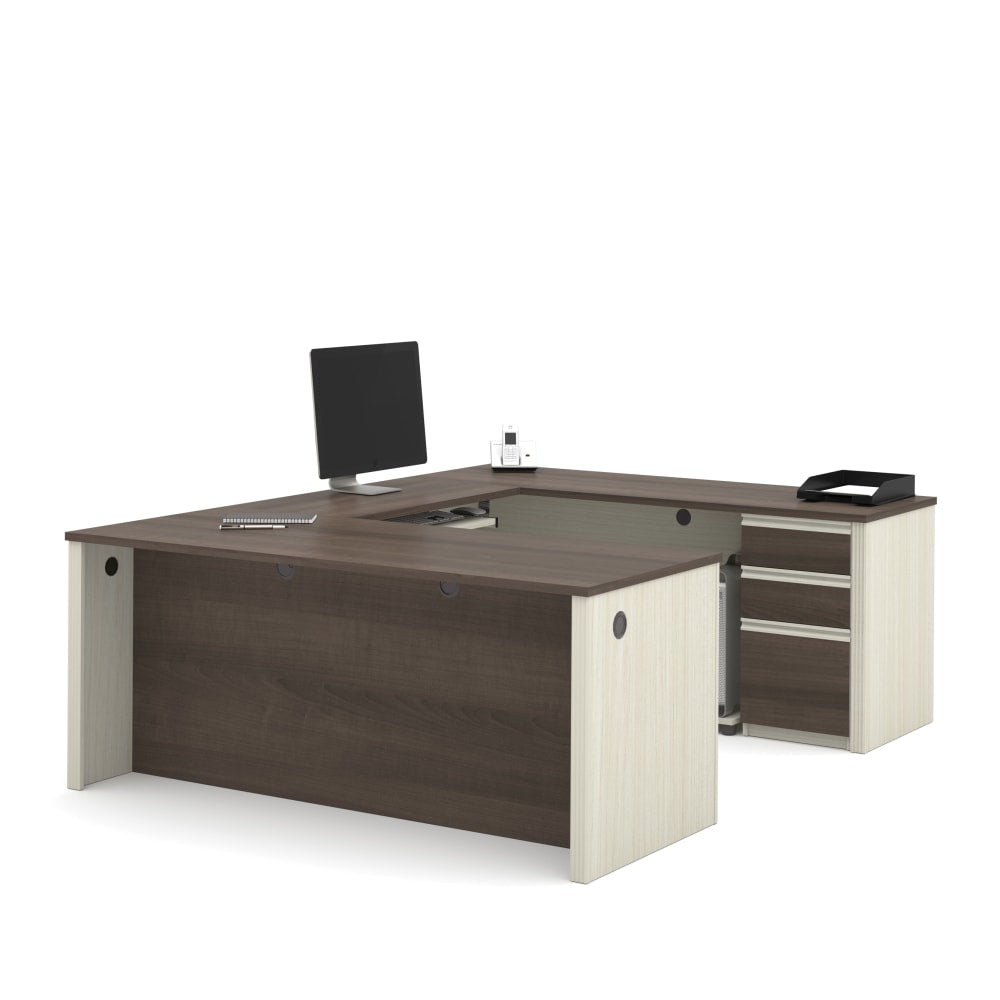 Bestar Prestige + 72inW U-Shaped Executive Computer Desk With Pedestal, White Chocolate/Antigua