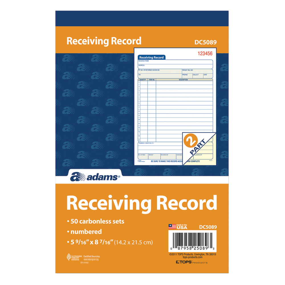 Adams Carbonless 2-Part Receiving Record Book, 5 9/16in x 8 7/16in, Book Of 50 Sets