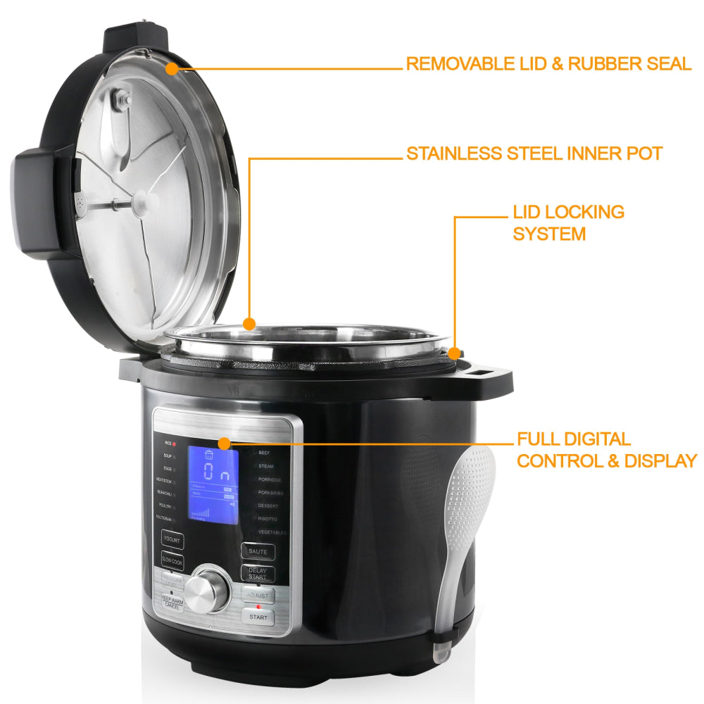 MegaChef 6-Qt. Stainless-Steel Electric Digital Pressure Cooker with Lid, Silver/Black