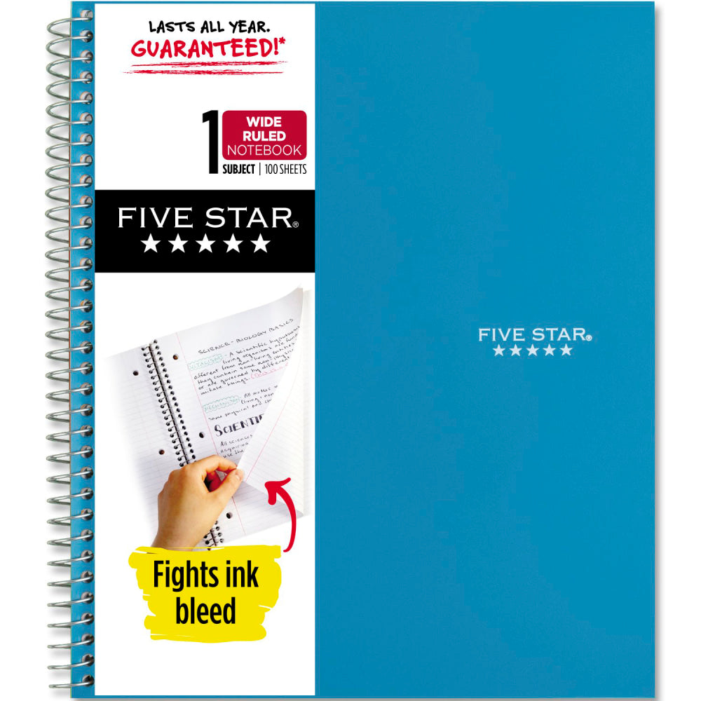 Five Star Wire-Bound Notebook, 8in x 10-1/2in, 1 Subject, Wide Ruled, 100 Sheets, Tidewater Blue