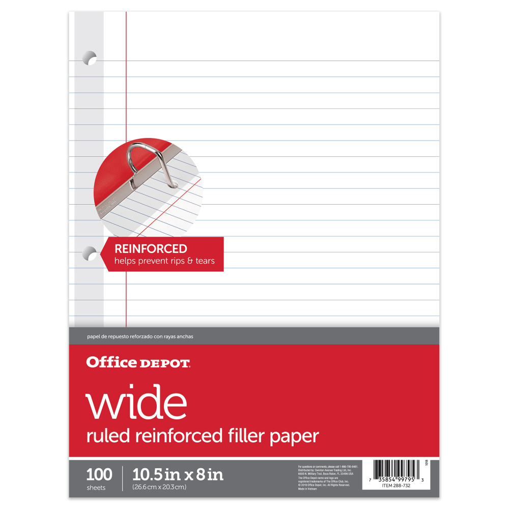 Office Depot Brand Reinforced Filler Paper, 8in x 10 1/2in, 16 Lb, Wide Ruled, White, Pack Of 100