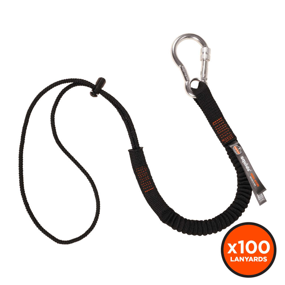 Ergodyne Squids 3105 Economy Single-Carabiner Tool Lanyard, 32in, Black, Pack Of 100 Lanyards